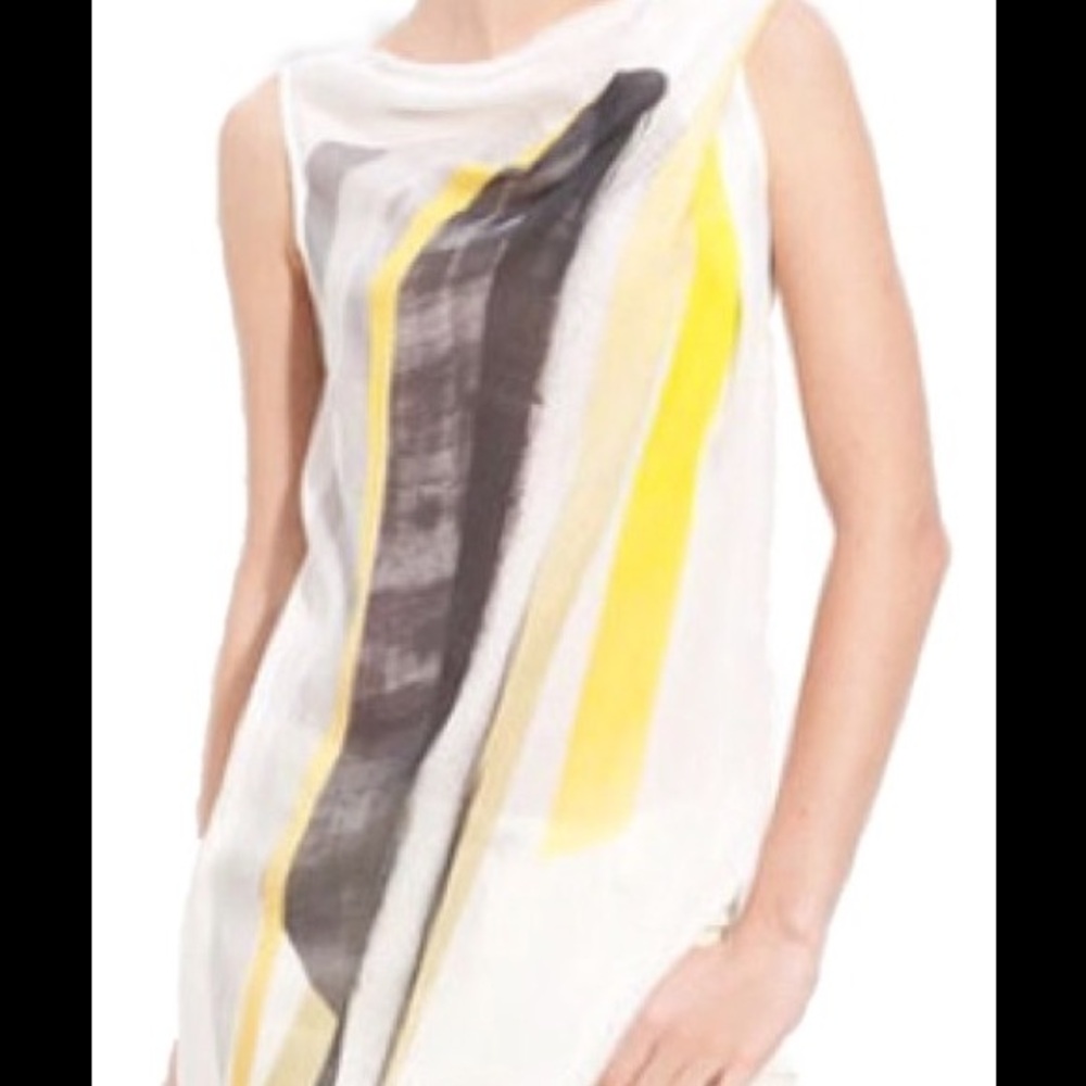 Sleeveless White Top with Yellow and Gray Brushstroke Detail